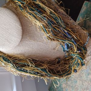 Vintage Natural Fiber Teal Green, Blue, and Gold Soft String Thread Necklace